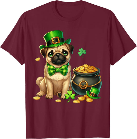 Cute Pug Leprechaun St Patricks Day Shamrock Lucky Kids Dog T-Shirt - T-Shirt | Maroon