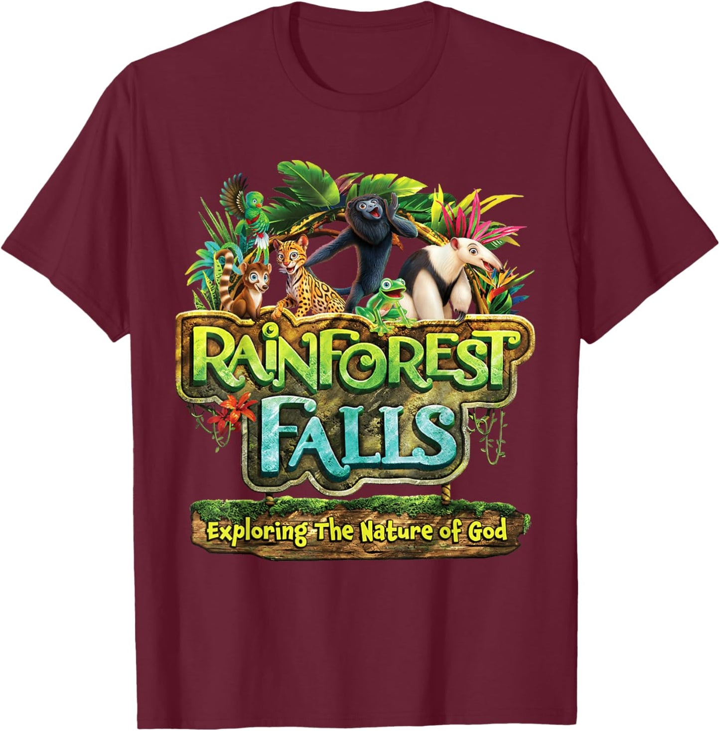 Rainforest Falls VBS 2026 Exploring The Nature of God Kids T-Shirt - T-Shirt | Maroon
