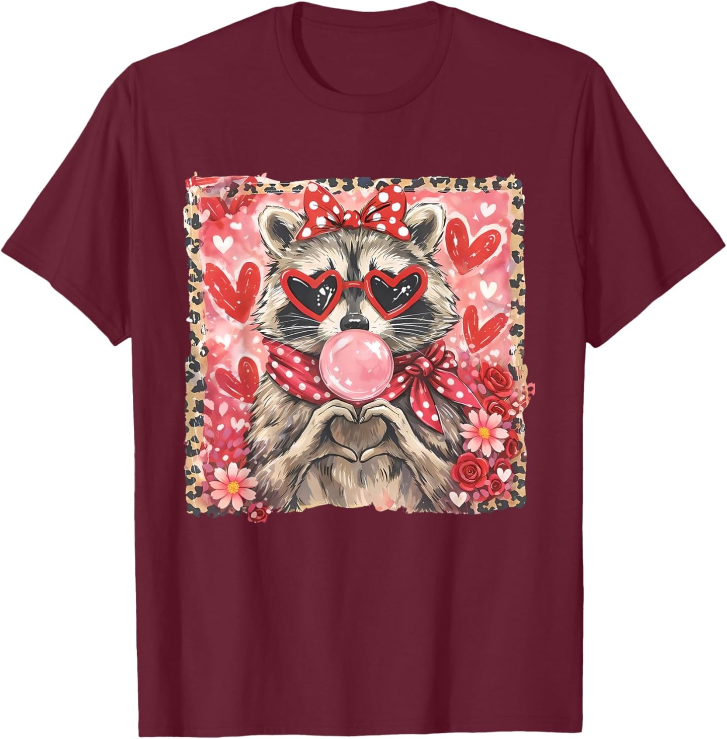 Vintage Leopard Girls Valentine Raccoon Lover Heart XOXO T-Shirt - T-Shirt | Maroon
