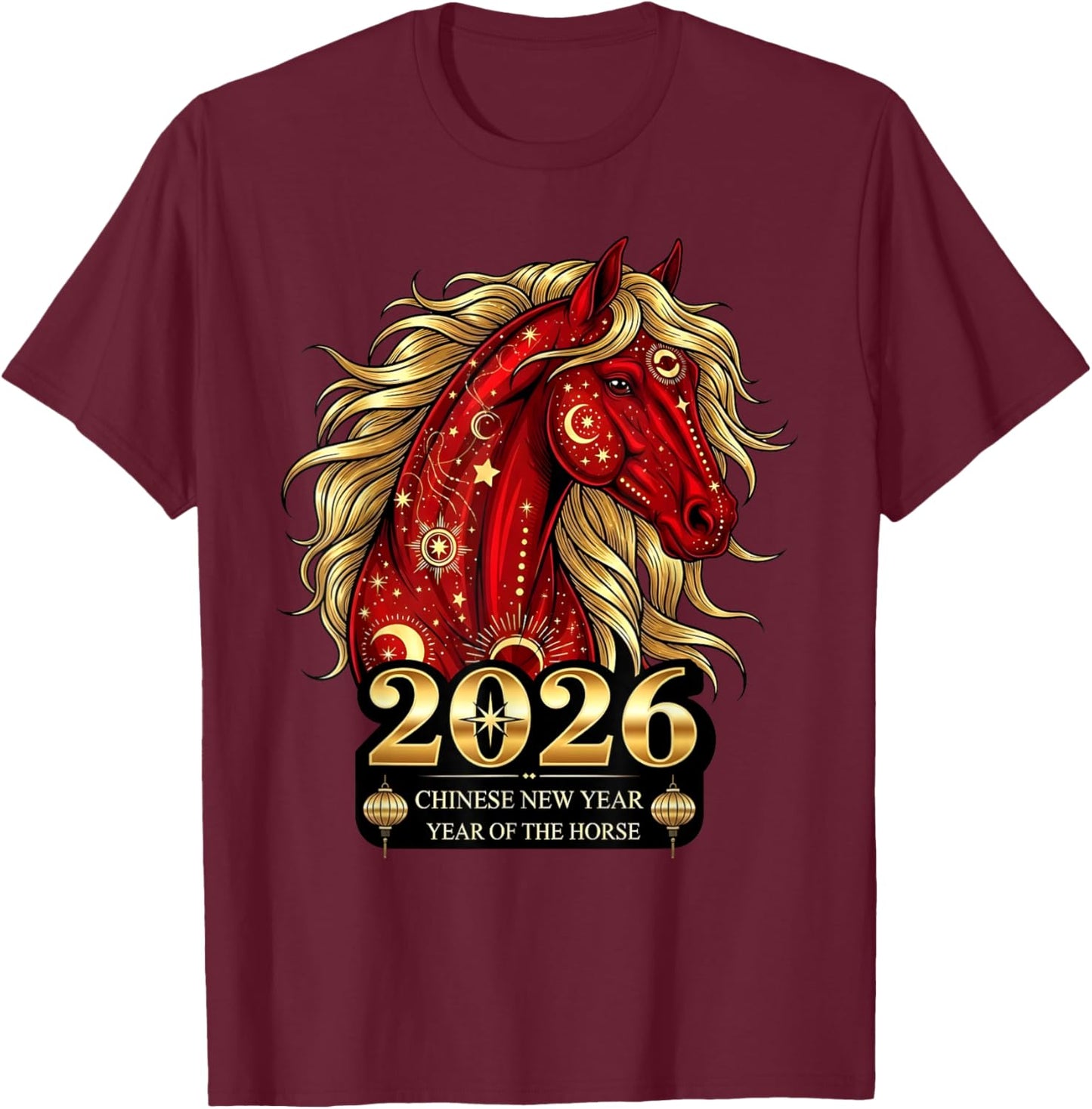 Chinese New Year 2026 Year The Horse Retro Elegant Art Men T-Shirt - T-Shirt | Maroon