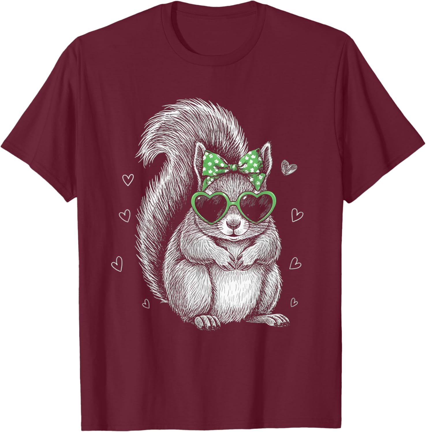 Vintage Squirrel Shamrock Coquette Bow St Patrick's Day Girl T-Shirt - T-Shirt | Maroon