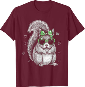 Vintage Squirrel Shamrock Coquette Bow St Patrick's Day Girl T-Shirt - T-Shirt | Maroon