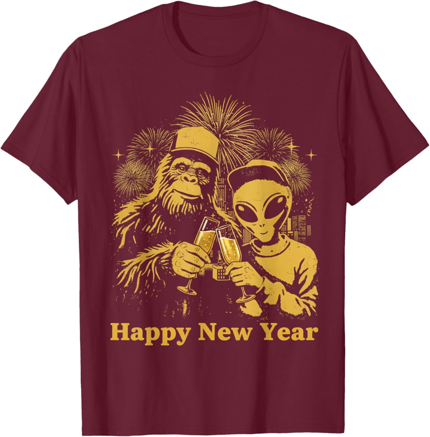 Happy New Year Bigfoot and Alien Sasquatch Fireworks Party T-Shirt - T-Shirt | Maroon