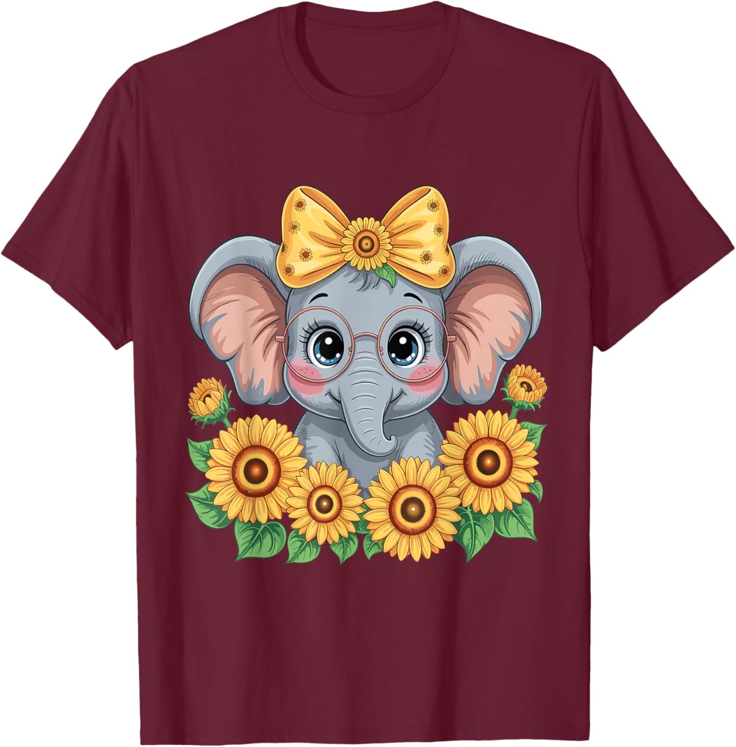 Cute Elephant Sunflower Elephant Lover Girls T-Shirt - T-Shirt | Maroon