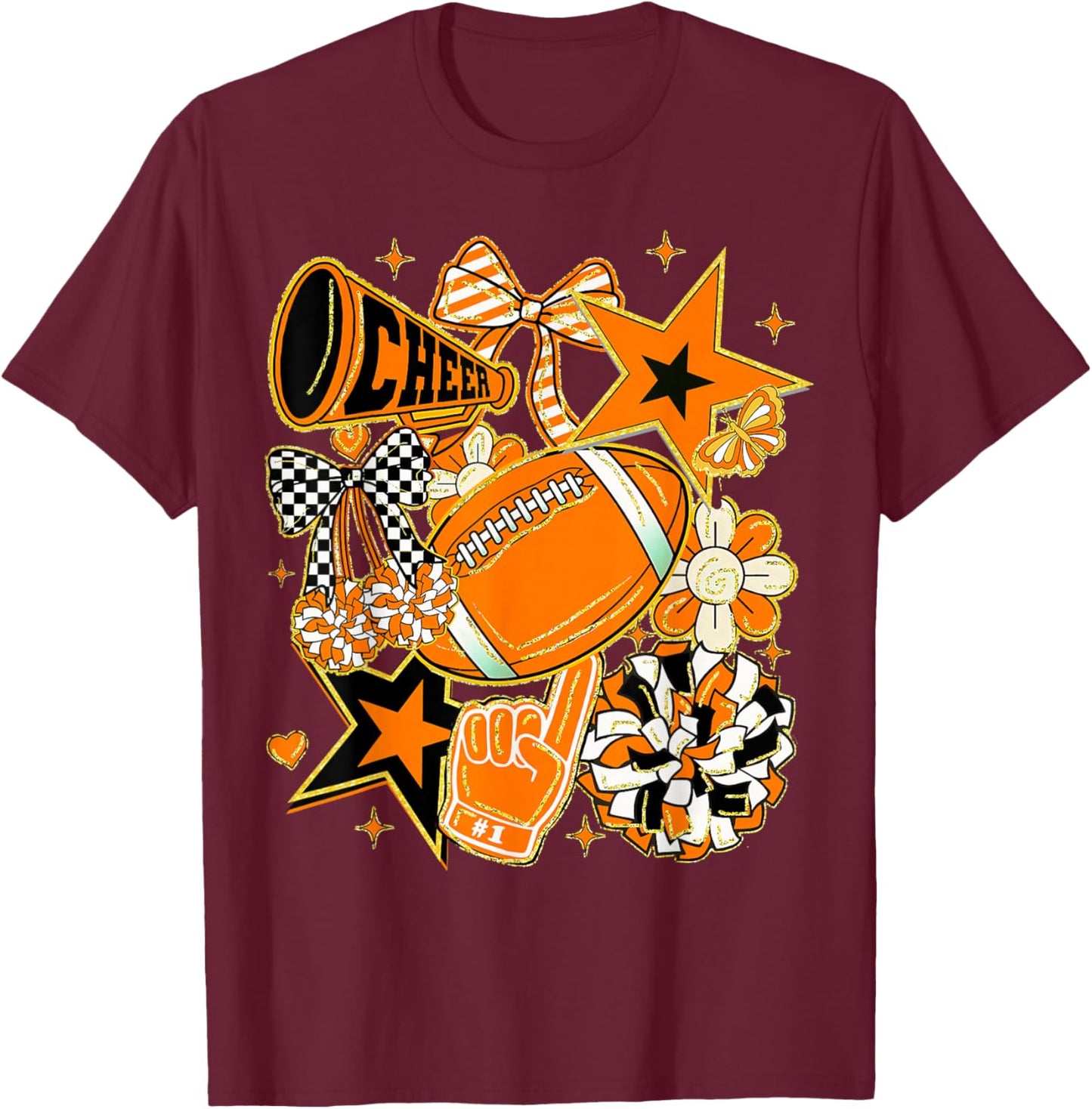 Coquette Bow Football Orange Black Game Cheer Mom Touchdown T-Shirt - T-Shirt | Maroon
