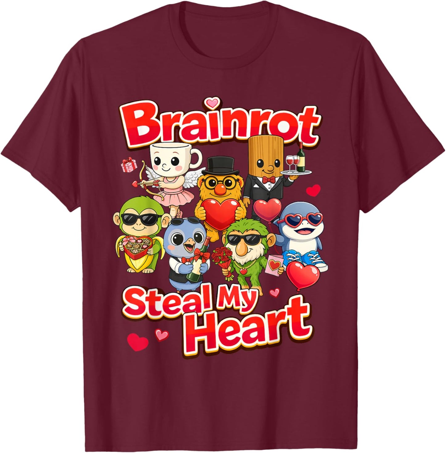 Brainrot Steal My Heart Valentine Kids AI Generated Cute T-Shirt - T-Shirt | Maroon