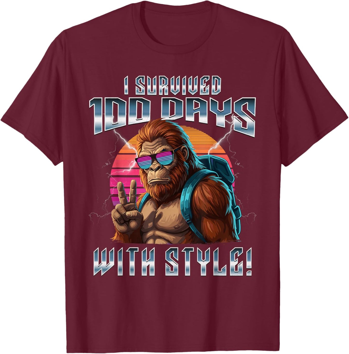 Retro I Survived 100 Days of School Bigfoot Kids Teacher T-Shirt - T-Shirt | Maroon