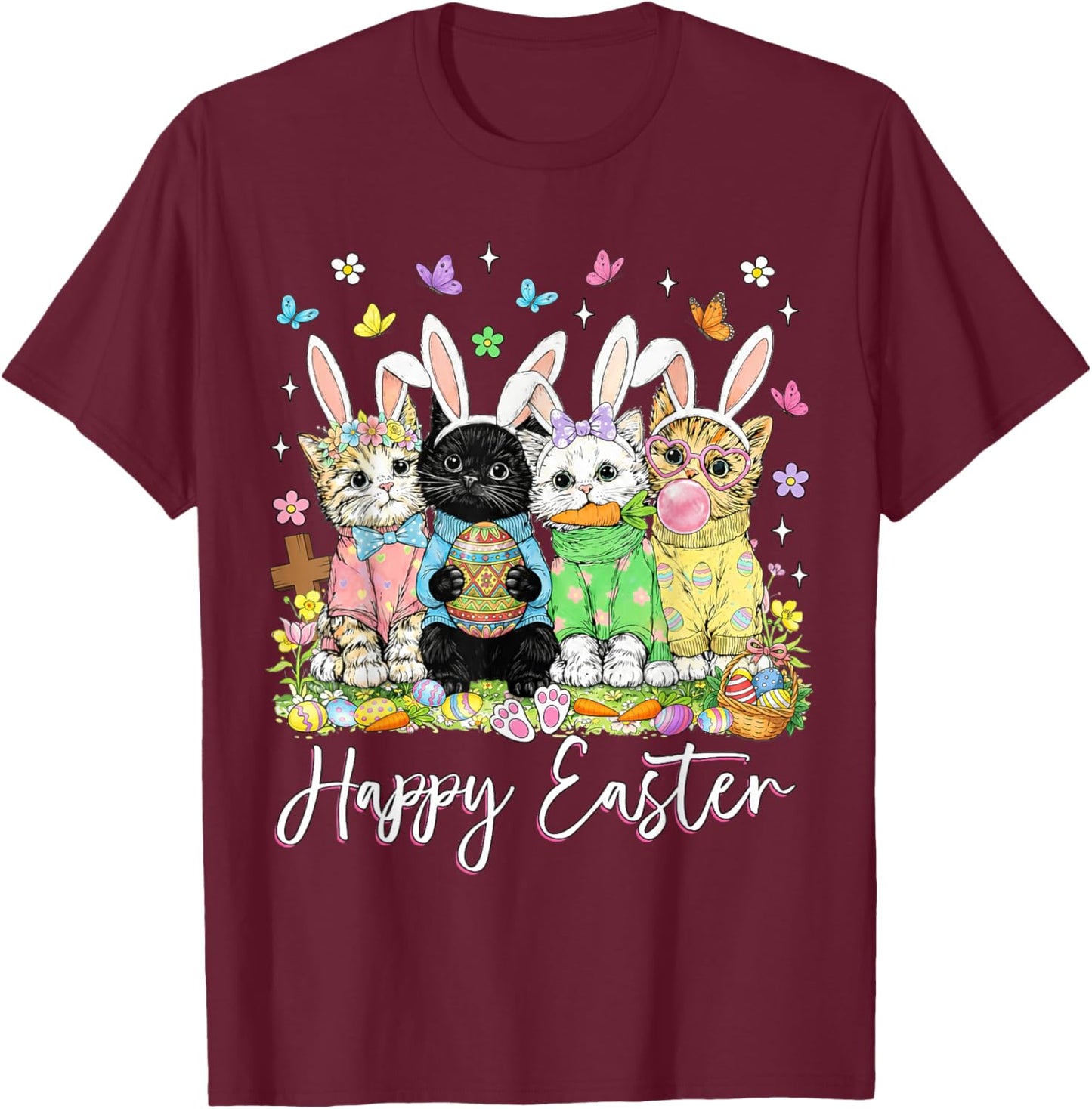 Happy Easter Cute Cat Lover Bunny Easter Day Women Men Kids T-Shirt - T-Shirt | Maroon