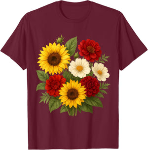 Sunflower Dahlia and Cosmos Bouquet Rustic Summer Farmhouse T-Shirt - T-Shirt | Maroon