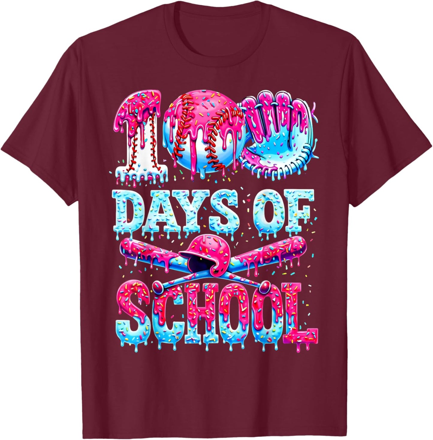 100 Days of School Baseball Ice Cream Drip Gift Boys Kid T-Shirt - T-Shirt | Maroon