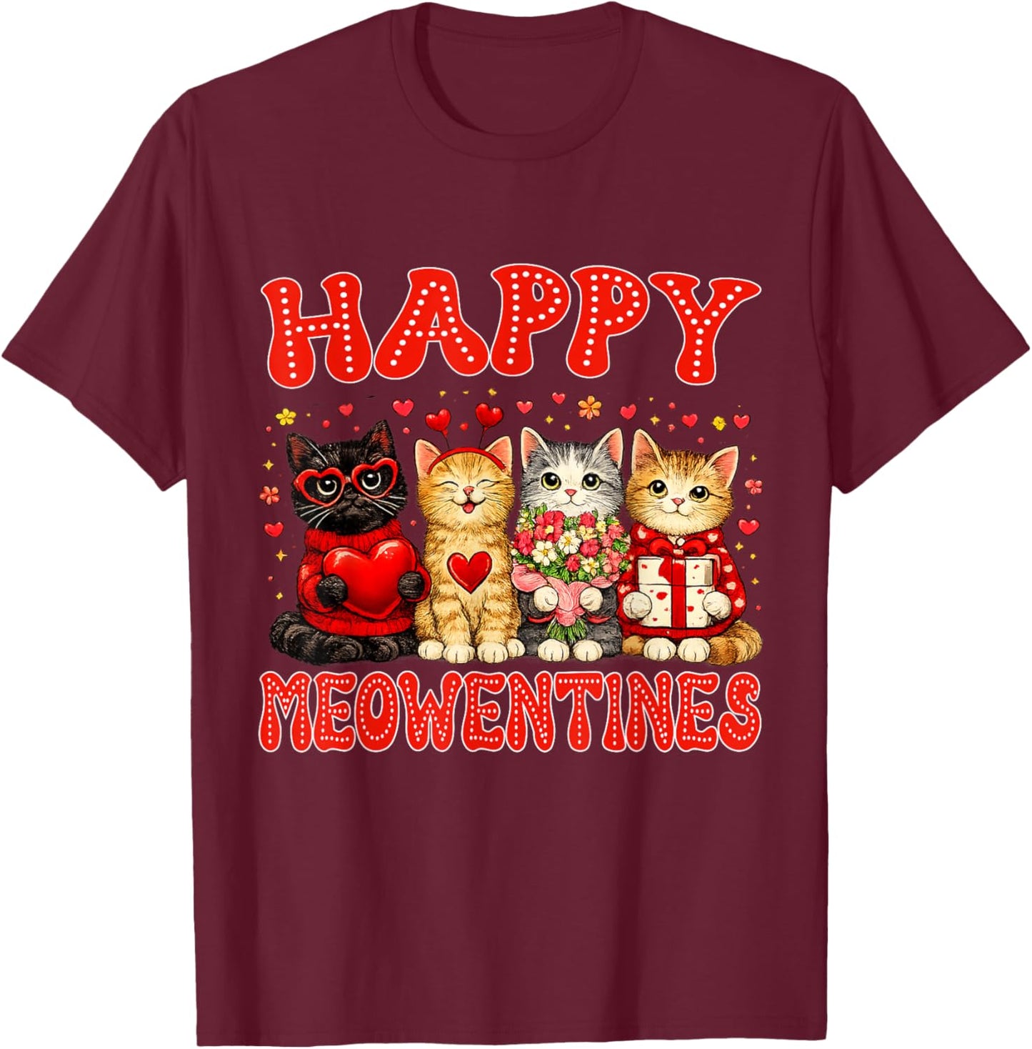 Happy Meowentines Cute Cat Valentine Men Women Kids Girls T-Shirt - T-Shirt | Maroon