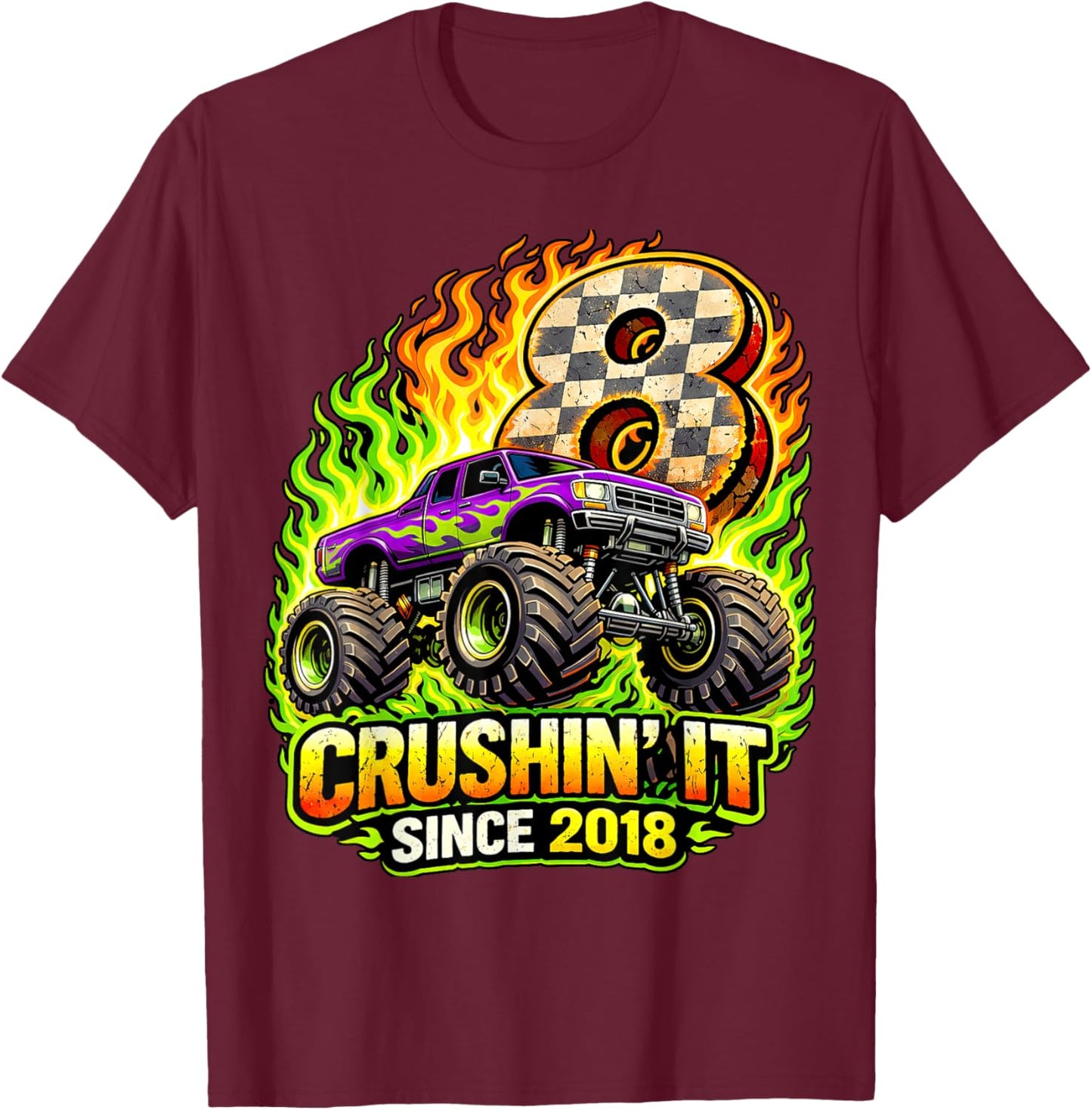 Birthday Monster Truck 8 Year Old Boys 8th Party Born 2018 T-Shirt - T-Shirt | Maroon