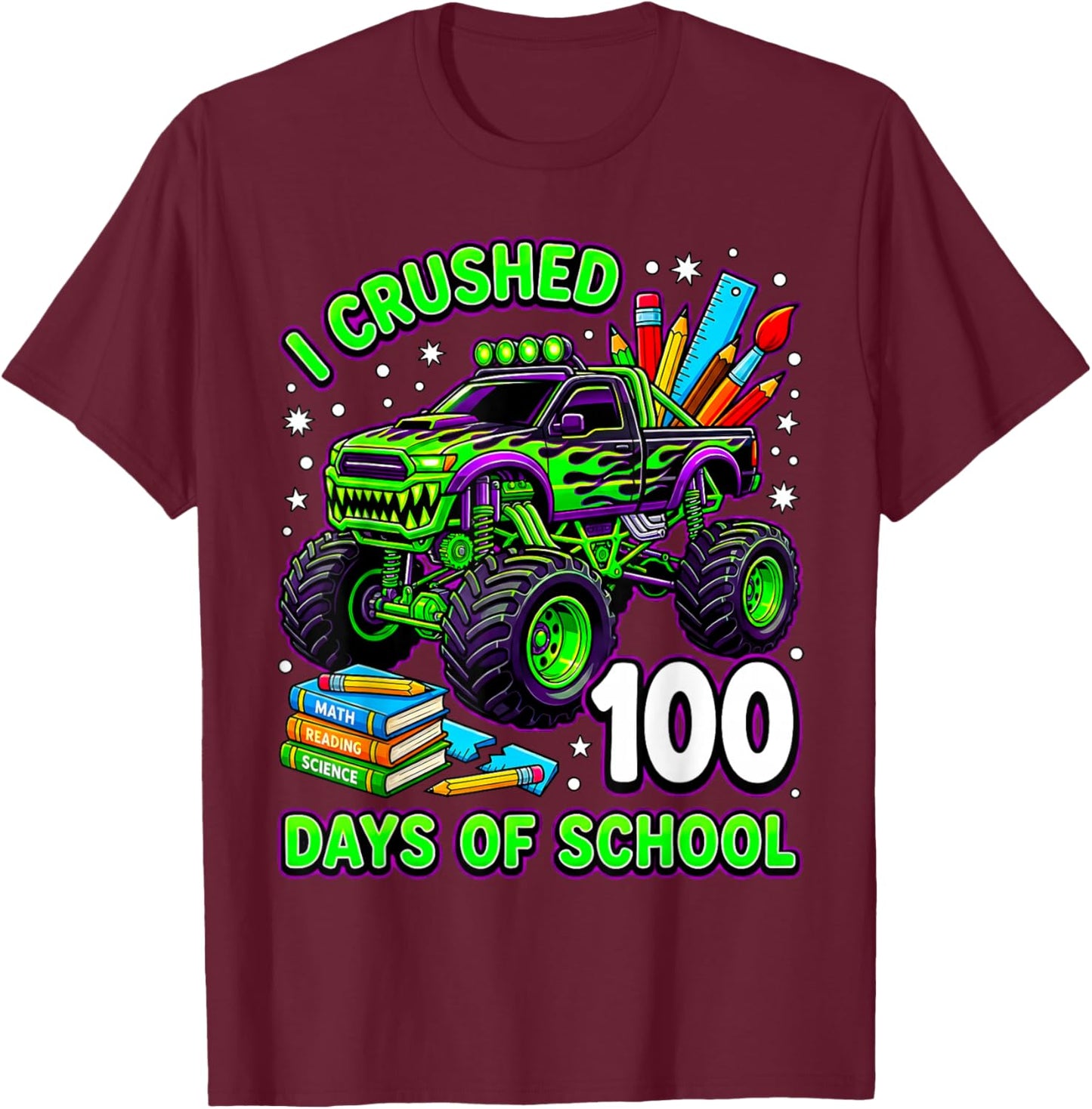 I Crushed 100 Days of School Monster Truck Boys 100th Day T-Shirt - T-Shirt | Maroon