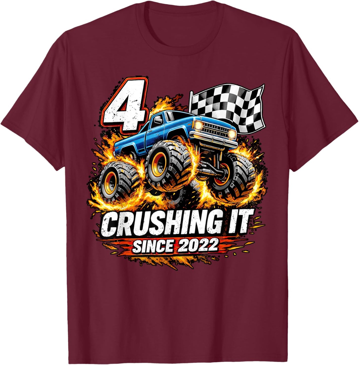Birthday Monster Truck 4 Year Old Boys 4th Party Born 2022 T-Shirt - T-Shirt | Maroon