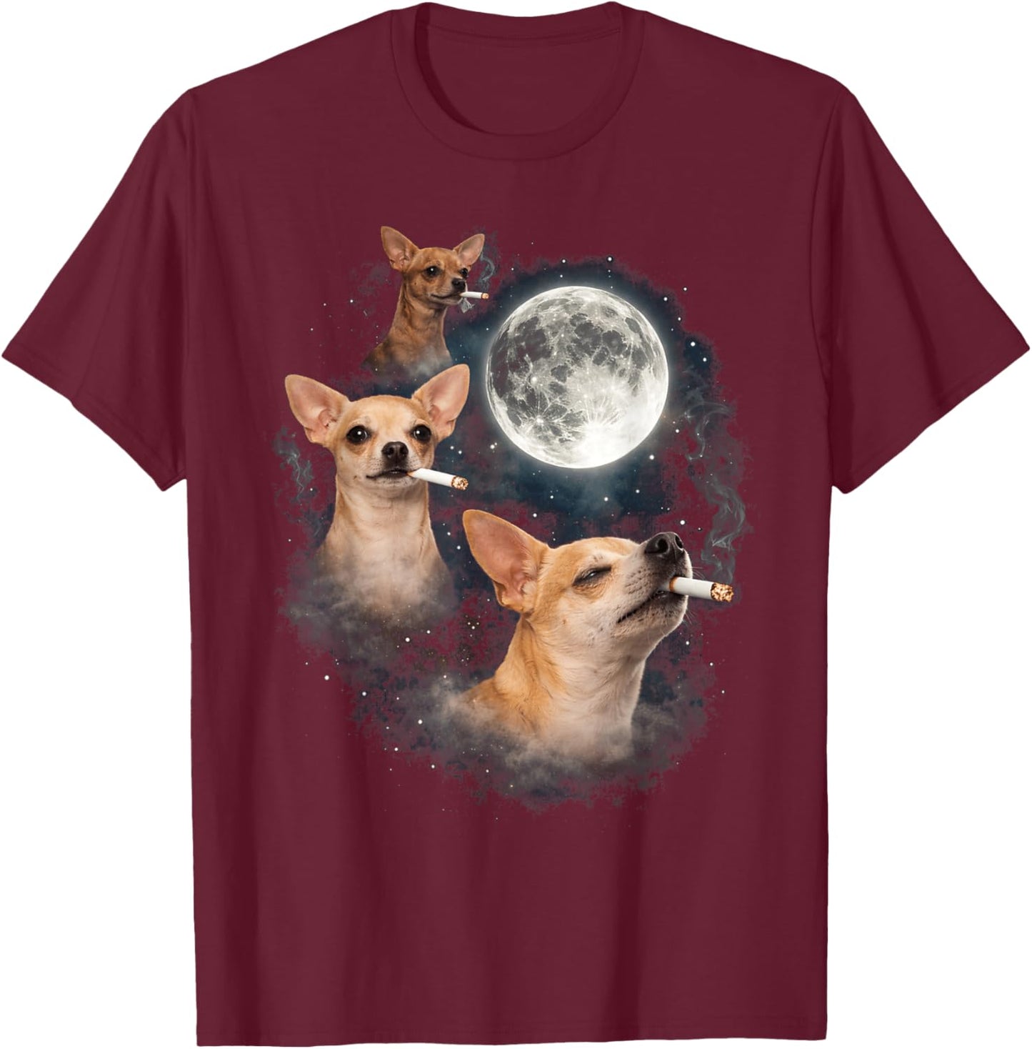 Chihuahua Smoking Moon 3 Dog Meme Funny Wolves Howling T-Shirt - T-Shirt | Maroon