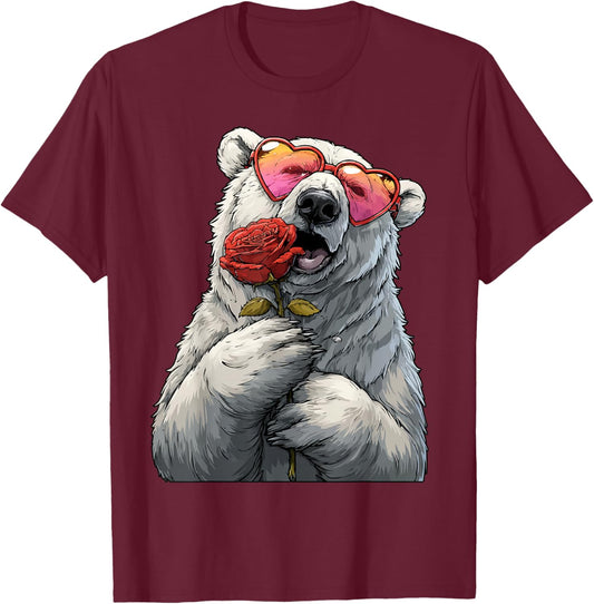 Polar Bear with Heart Glasses Rose Valentine's Day Animal T-Shirt - T-Shirt | Maroon