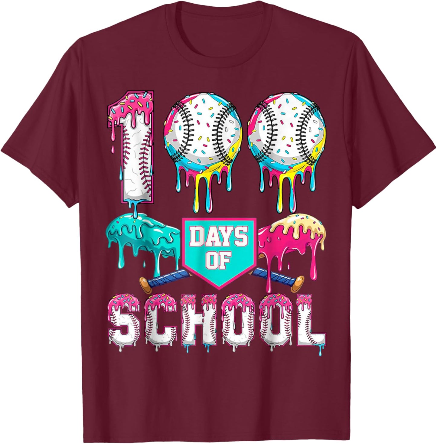 100 Days of School Boys Kids 100th Day of School Baseball T-Shirt - T-Shirt | Maroon