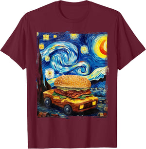 Love Hamburger Food Burger Van Gogh T-Shirt - T-Shirt | Maroon