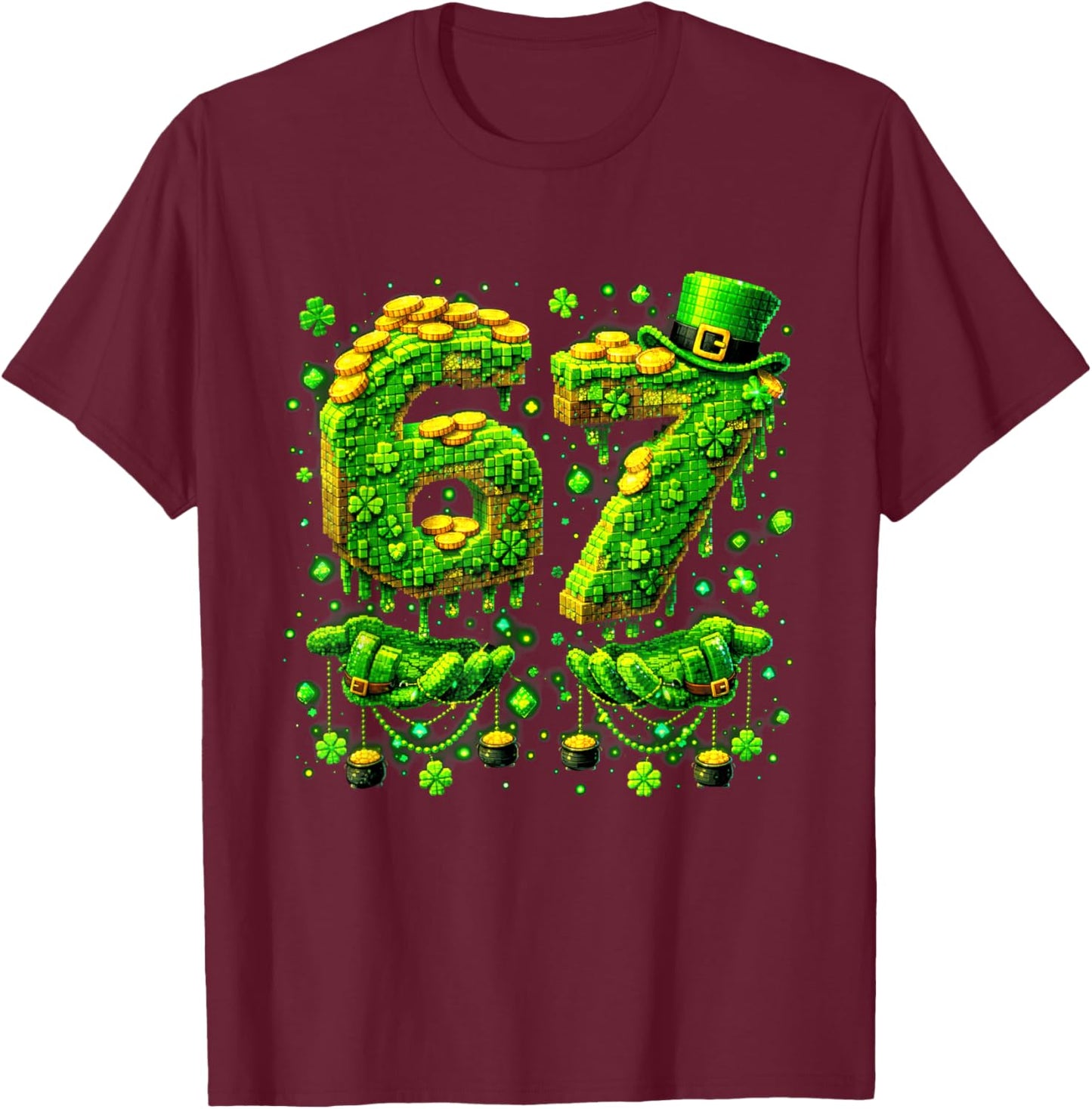 Six Seven Meme 67 St Patricks Day Pixel Shamrock Men Kids T-Shirt - T-Shirt | Maroon