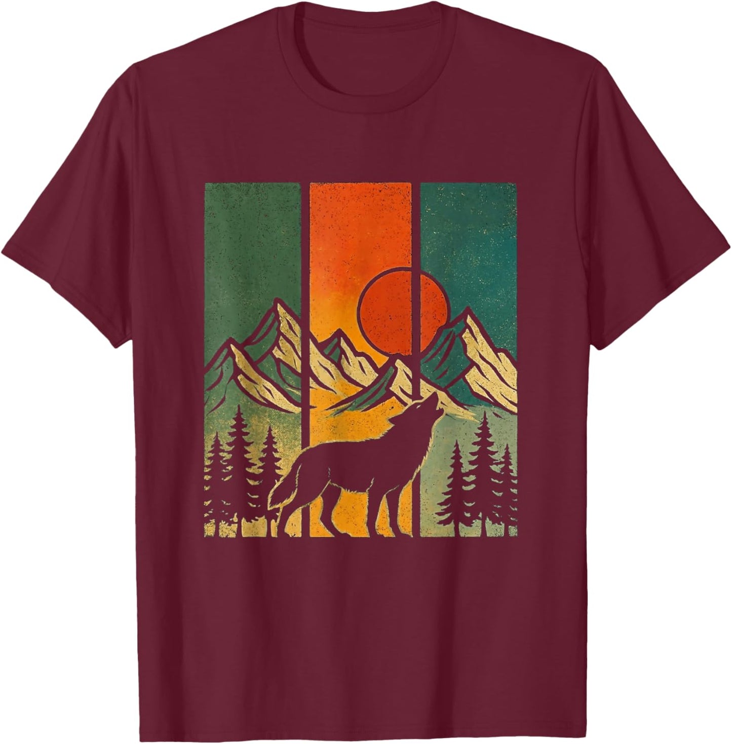 Retro Wolf Mountains Nature Outdoor Vintage T-Shirt - T-Shirt | Maroon