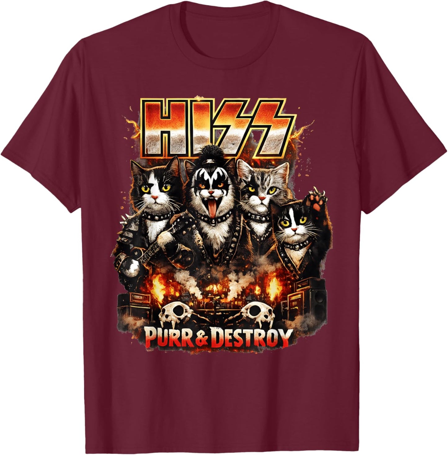 Hiss Cat Rock Parody Funny Retro Feline Music Lover Humor T-Shirt - T-Shirt | Maroon