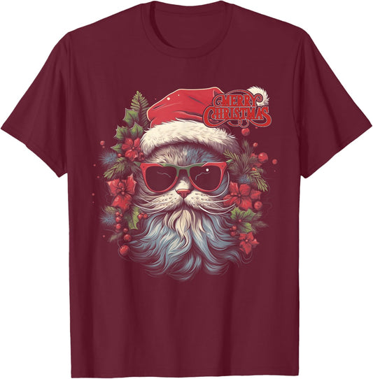 Cat - Christmas Funny Santa Holiday Men Women T-Shirt - T-Shirt | Maroon