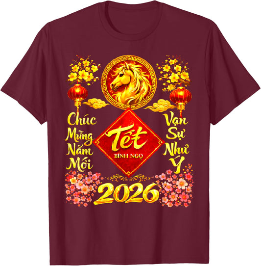 Happy Lunar New Year 2026 Year of The Horse TET Nguyen Dan T-Shirt - T-Shirt | Maroon