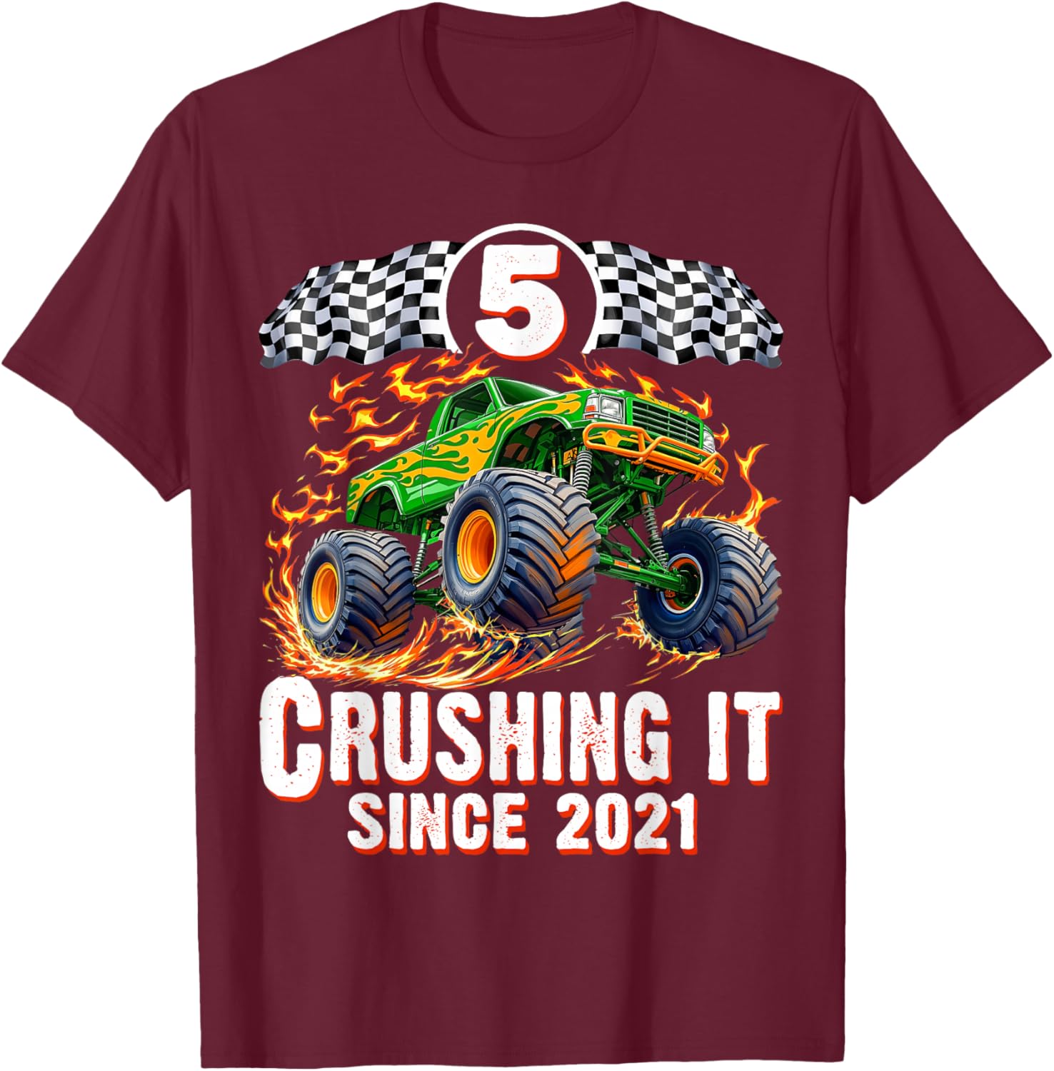 Birthday Monster Truck 5 Year Old Boys 5th Party Born 2021 T-Shirt - T-Shirt | Maroon