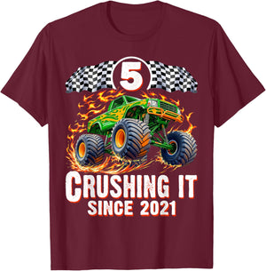Birthday Monster Truck 5 Year Old Boys 5th Party Born 2021 T-Shirt - T-Shirt | Maroon