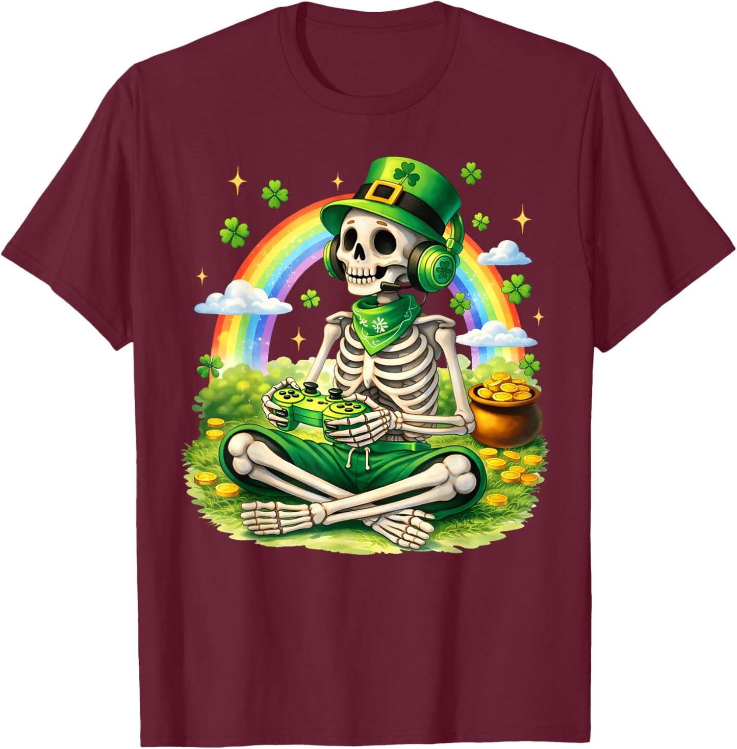 St Patricks Day Skeleton Leprechaun Gamer Irish Boys Men T-Shirt - T-Shirt | Maroon