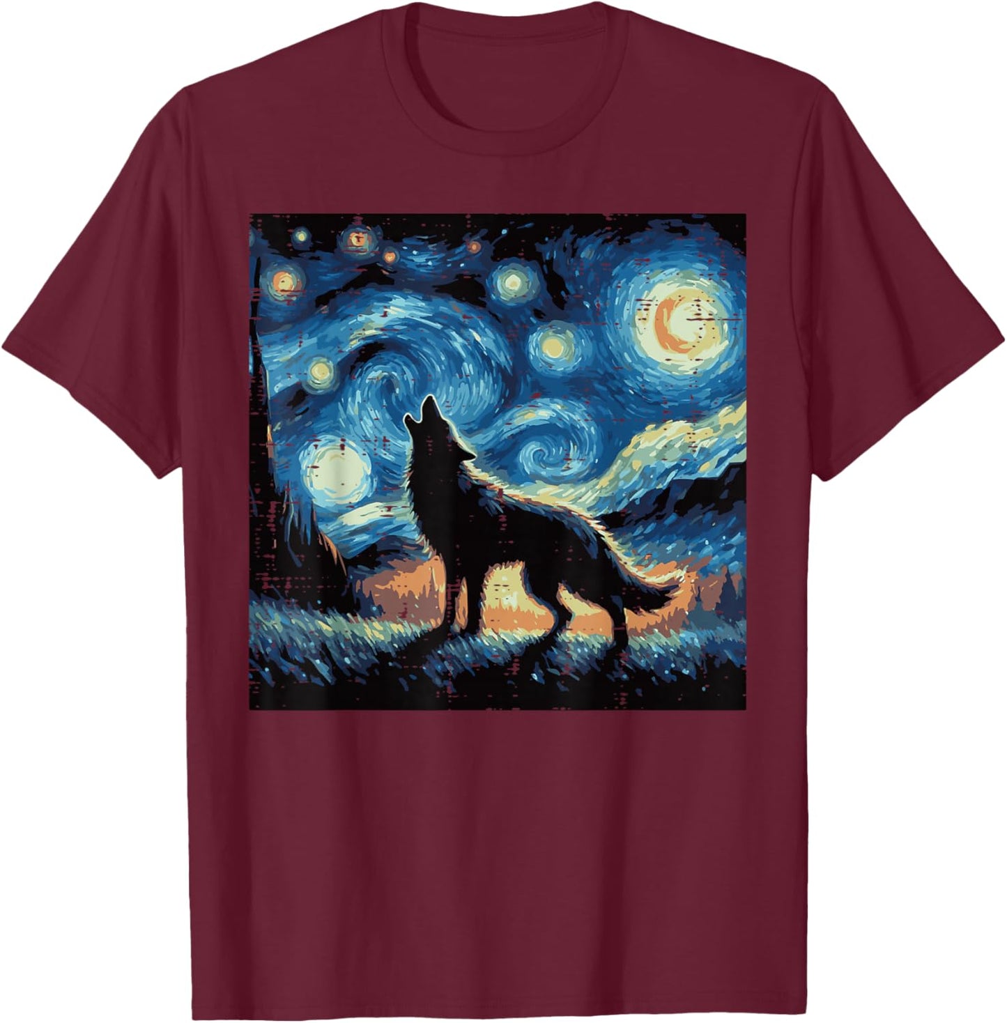 Wolf Starry Night Van Gogh Funny Art Meme Men Women Kids T-Shirt - T-Shirt | Maroon