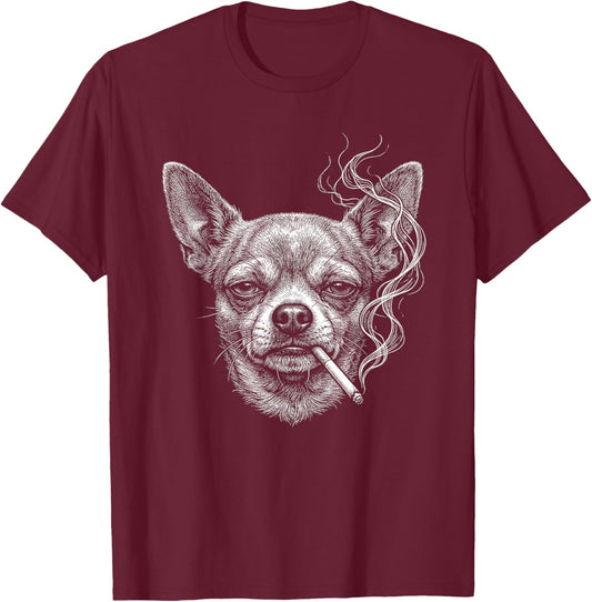 Funny Chihuahua Dog Smoking Cigarette Brainrot Meme T-Shirt - T-Shirt | Maroon