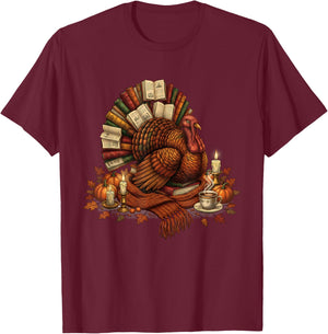 Turkey Reading Books Fall Season Thanksgiving Teacher Book T-Shirt - T-Shirt | Maroon