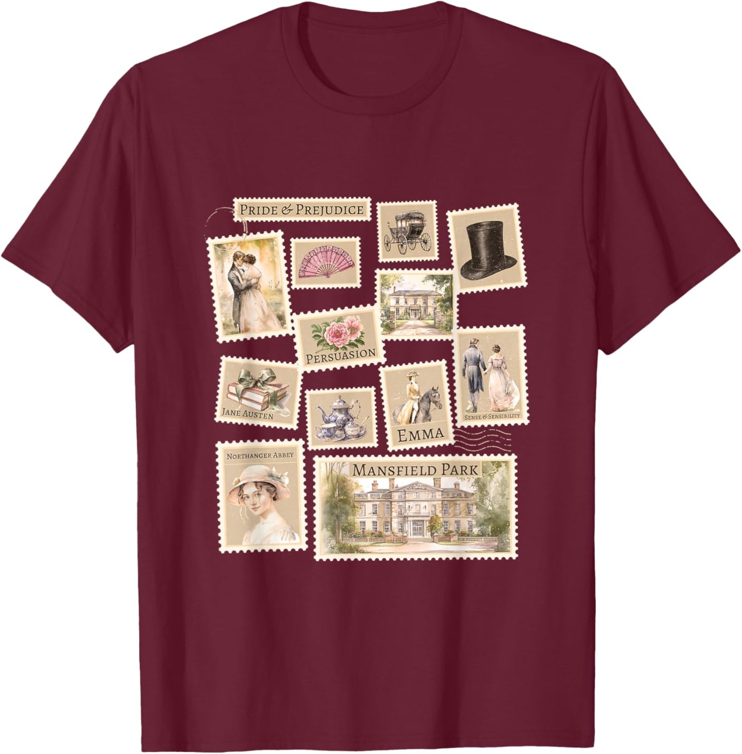 Jane Austen Book Classic Literature Stamp Collage T-Shirt - T-Shirt | Maroon
