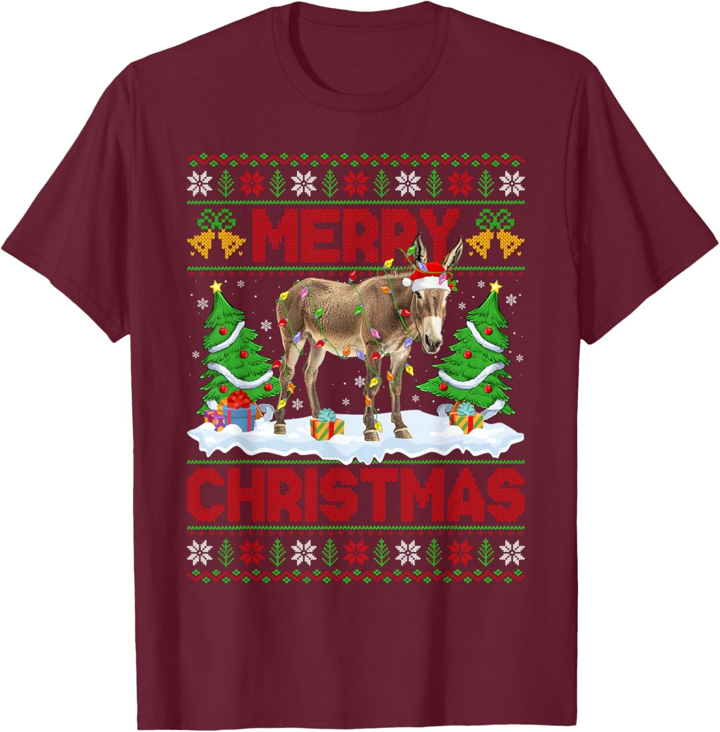 Donkey Mule Ugly Xmas Sweater Funny Animal Lights Christmas T-Shirt - T-Shirt | Maroon