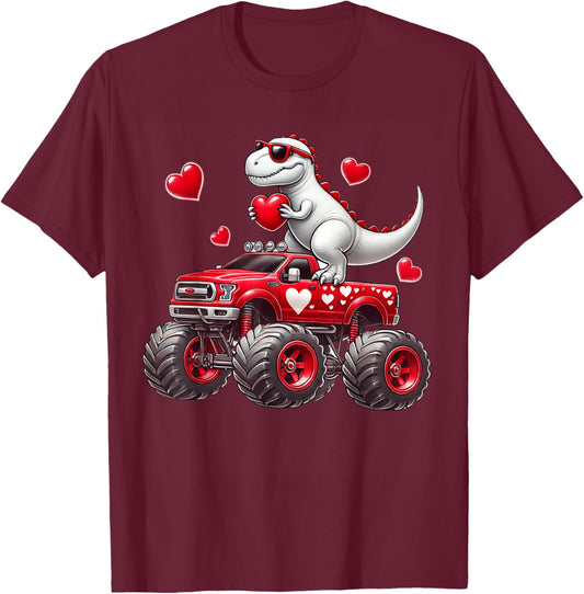 Valentines Day T Rex Riding Monster Truck Funny Toddler Boys T-Shirt - T-Shirt | Maroon