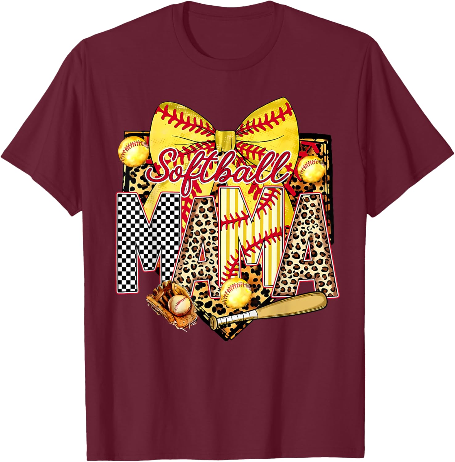 Yellow Leopard Checker Bow Letters Softball Mama Sports Mom T-Shirt - T-Shirt | Maroon