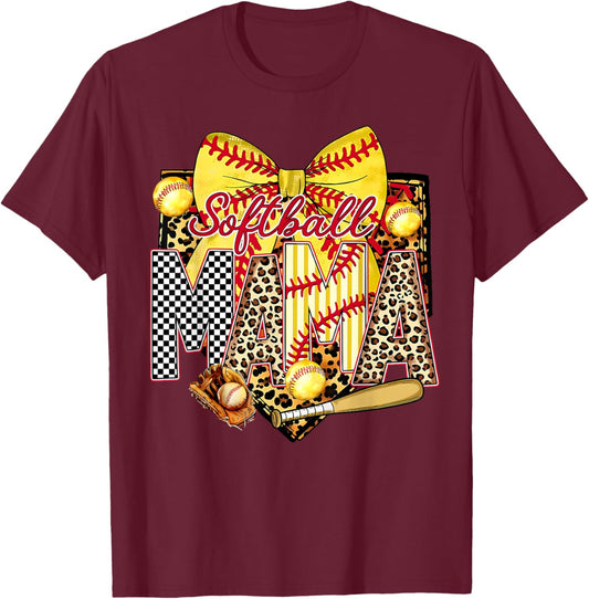 Yellow Leopard Checker Bow Letters Softball Mama Sports Mom T-Shirt - T-Shirt | Maroon