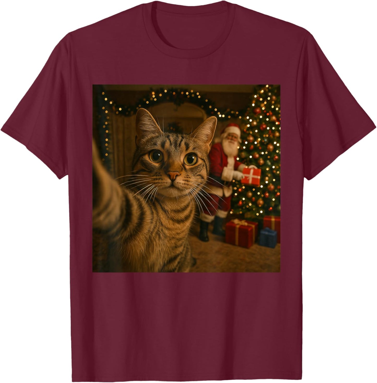Santa Cat Christmas Tree Shirt, Funny Christmas Cat Selfie T-Shirt - T-Shirt | Maroon