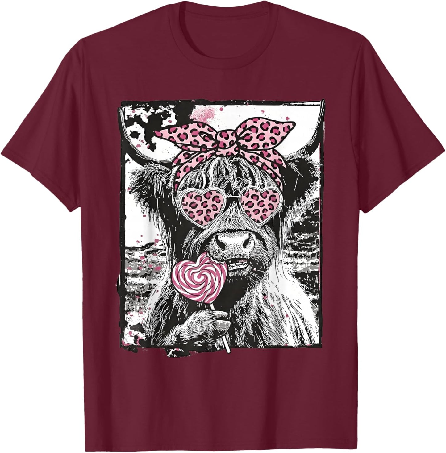 Highland Cow Valentine Coquette Pink Leopard Lollipop Heart T-Shirt - T-Shirt | Maroon