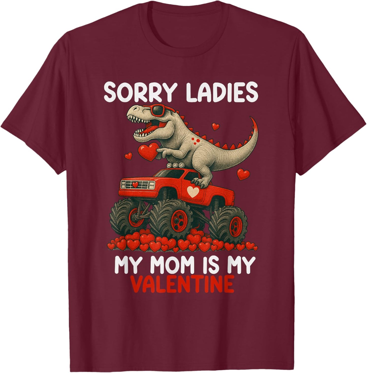 Valentines Day T Rex Riding Monster Truck Funny Toddler Boys T-Shirt - T-Shirt | Maroon