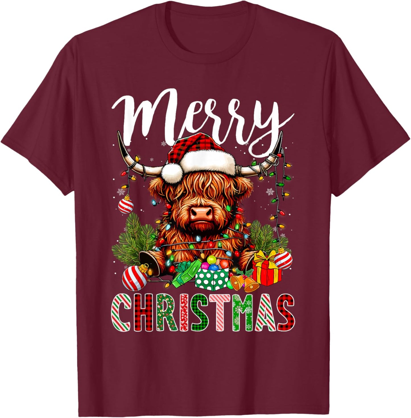 Merry Christmas Pajamas Highland Cow Christmas Tree Lights T-Shirt - T-Shirt | Maroon