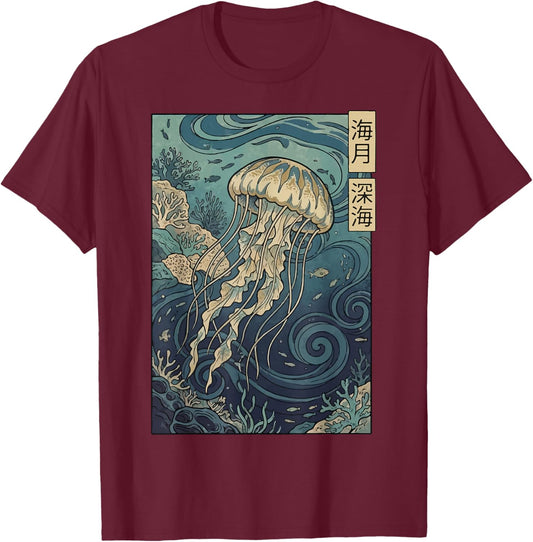 Jellyfish Japanese T-Shirt - T-Shirt | Maroon