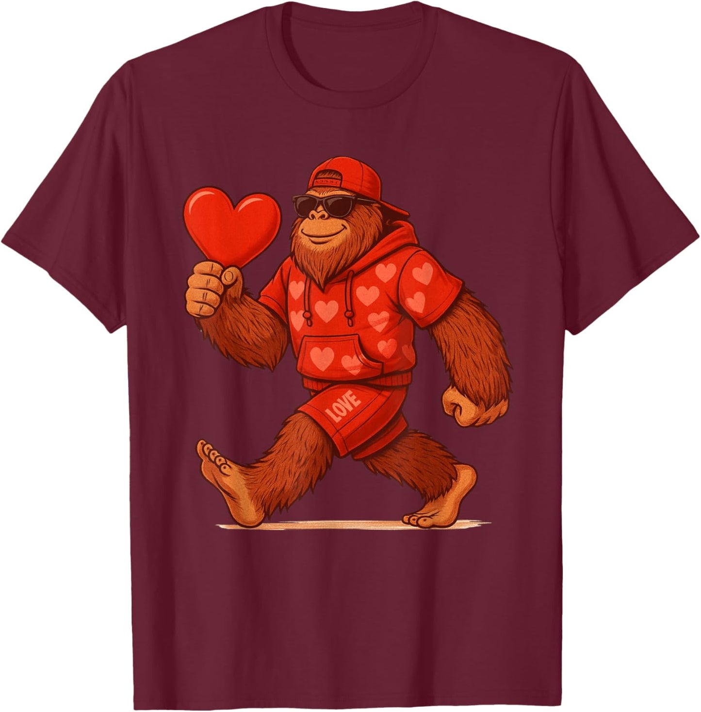 Funny Valentines Day Bigfoot Heart Sunglasses Sasquatch Boys T-Shirt - T-Shirt | Maroon