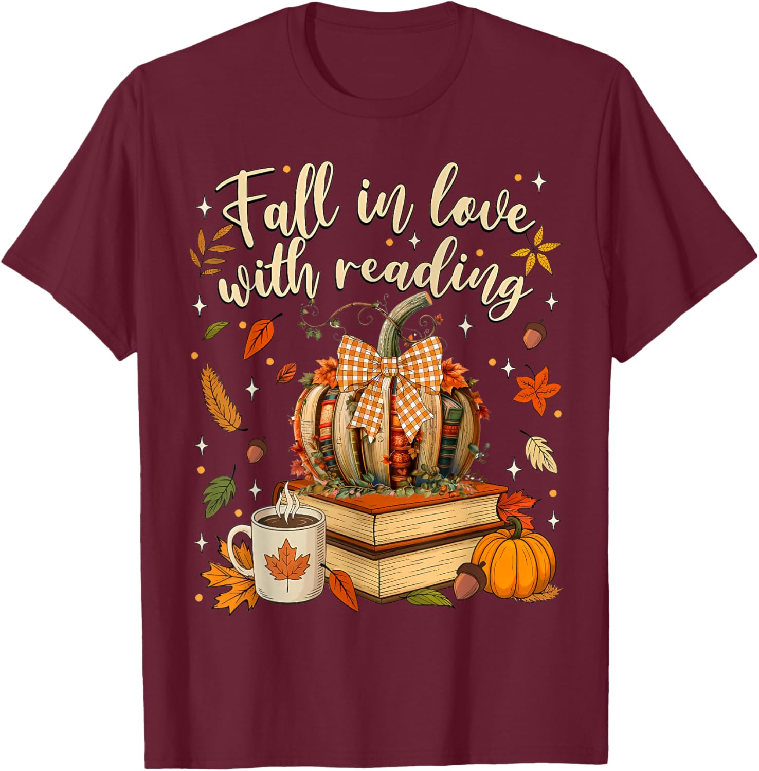 Fall in Love with Reading Autumn Fall Book Pumpkin Teacher T-Shirt - T-Shirt | Maroon