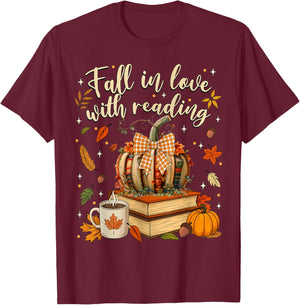 Fall in Love with Reading Autumn Fall Book Pumpkin Teacher T-Shirt - T-Shirt | Maroon