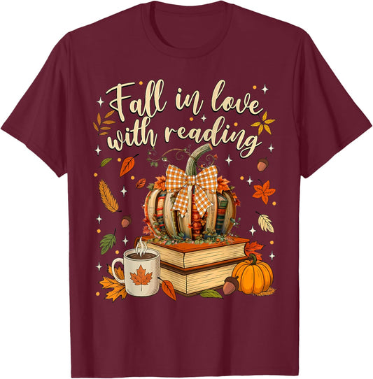Fall in Love with Reading Autumn Fall Book Pumpkin Teacher T-Shirt - T-Shirt | Maroon