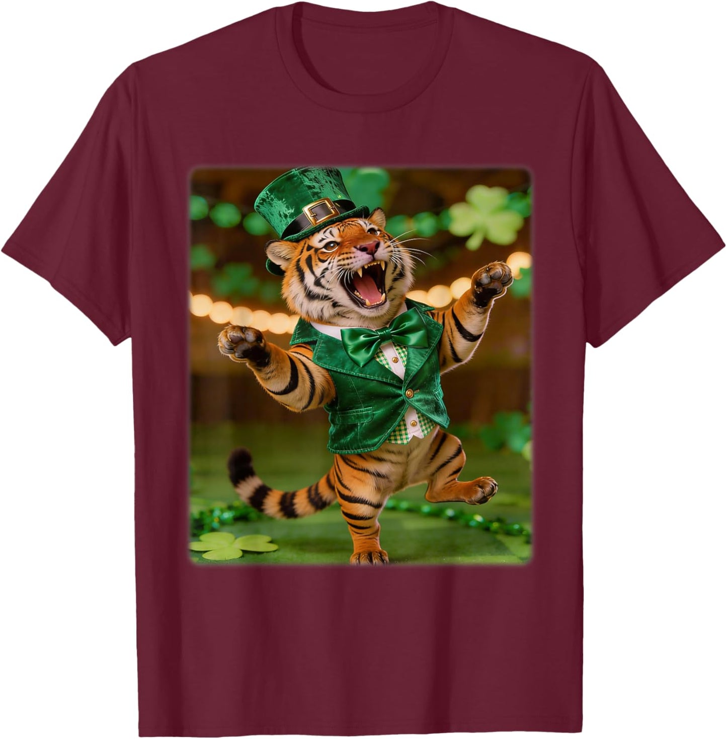 Tiger St. Patrick’s Day Funny Leprechaun Hat Tiger Irish T-Shirt - T-Shirt | Maroon