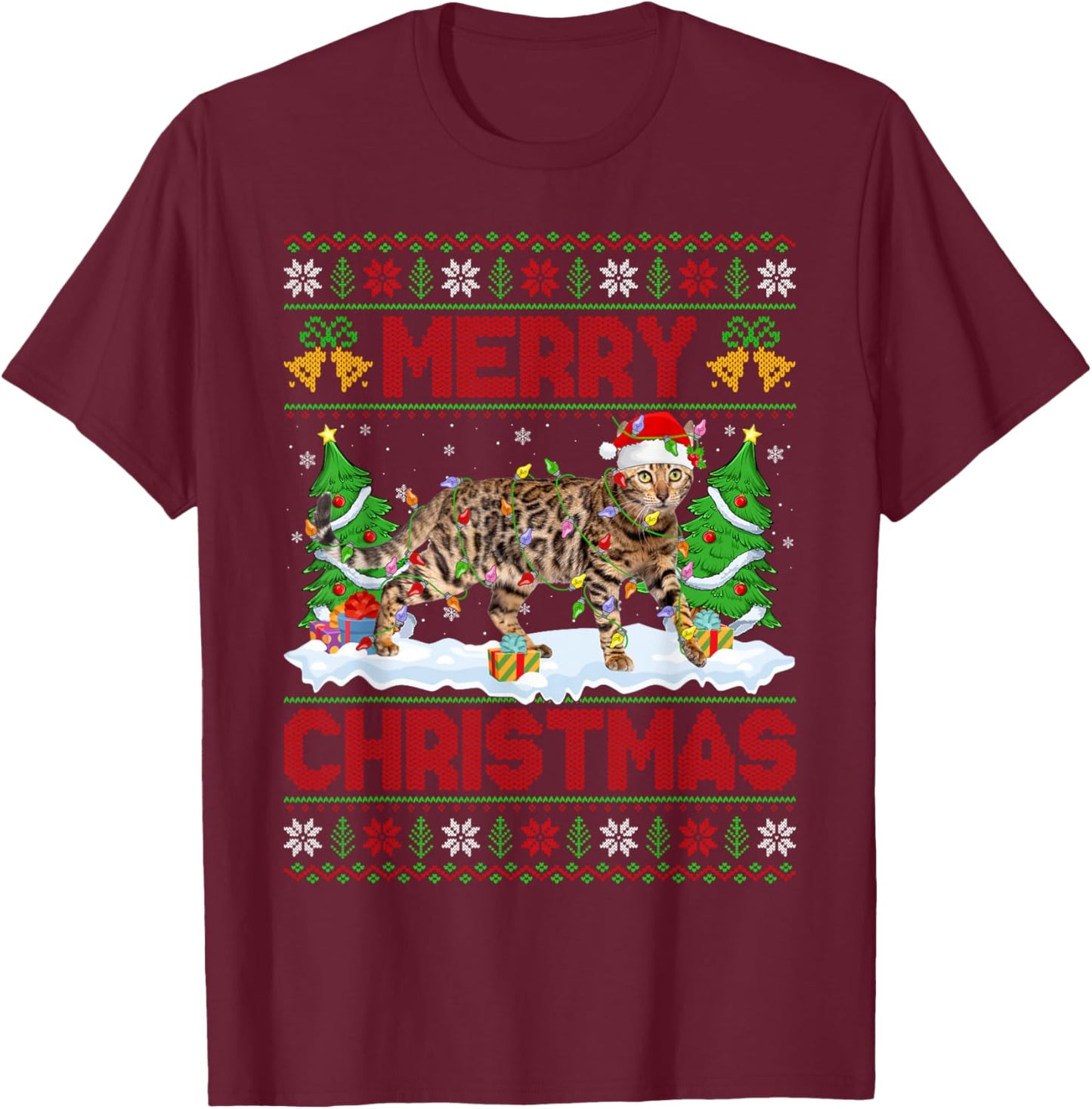 Bengal Cat Ugly Xmas Sweater Funny Pet Animal Cat Christmas T-Shirt - T-Shirt | Maroon