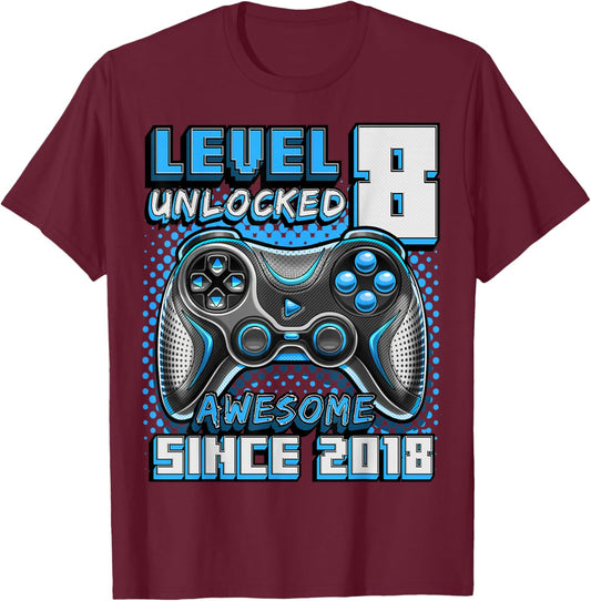 Level 8 Unlocked Birthday Boy Gamer 8th Video Game 2018 T-Shirt - T-Shirt | Maroon